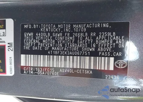 2010 Toyota Camry Se z USA, uszkodzony, nr VIN 4T1BF3EK3AU067751